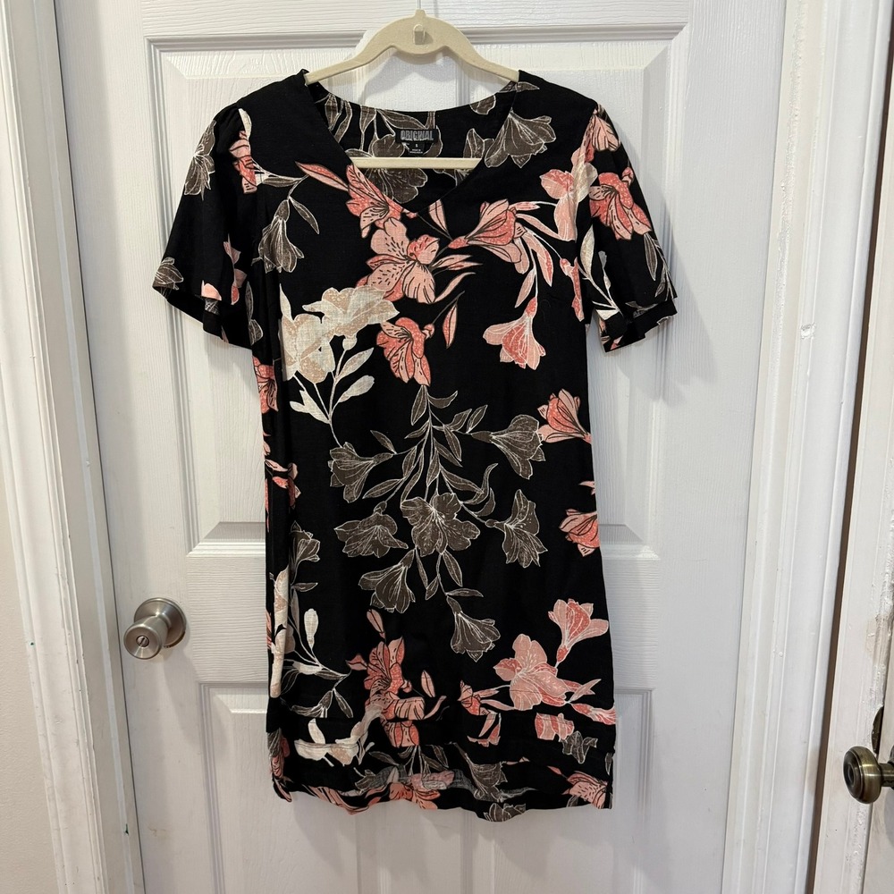 Nicole Miller Original Size S Black Floral Short Sleeve Linen Dress Beach Vacay